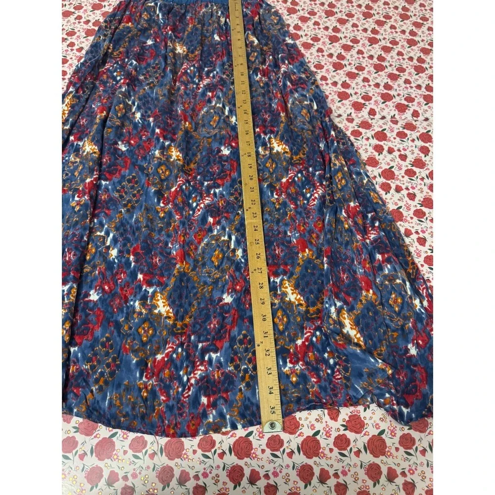 Angie Boho Blue Red Abstract Ikat‎ Medallion Rayon Maxi Skirt Womens Small v2